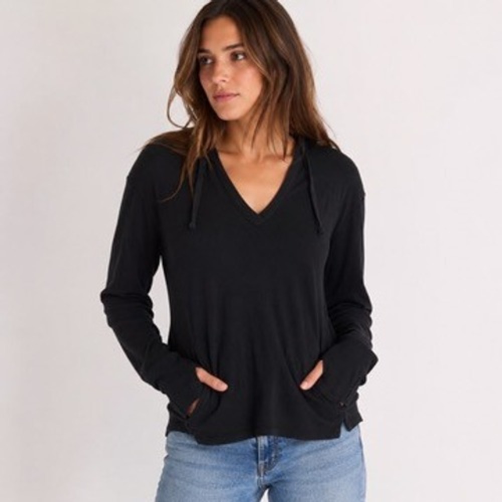 Athleta Womens Black V-Neck Pullover Hoodie Thumbhole Modal Spandex Small